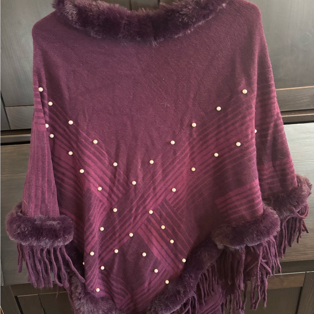 Plum Poncho/Shawl with Faux Fur Trim and Pearl Accents